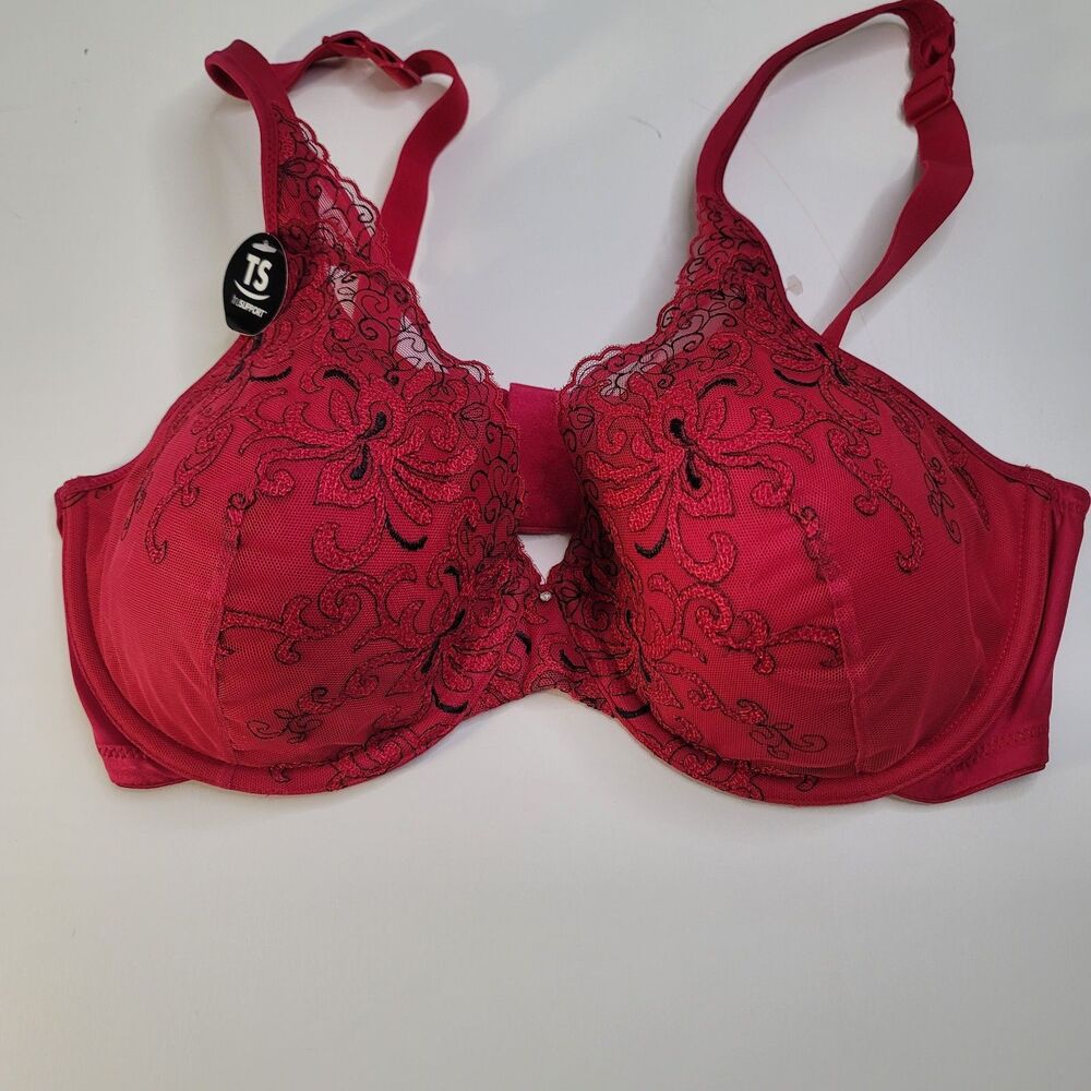 Playtex TruSupport 42C Red Black Embroidered Mesh Bra Underwire Full Coverage